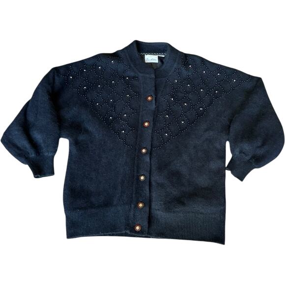 Vtg Sia Bellini black Floral Jeweled Rabbit Hair Wool Blend Cardigan Large - Picture 1 of 16
